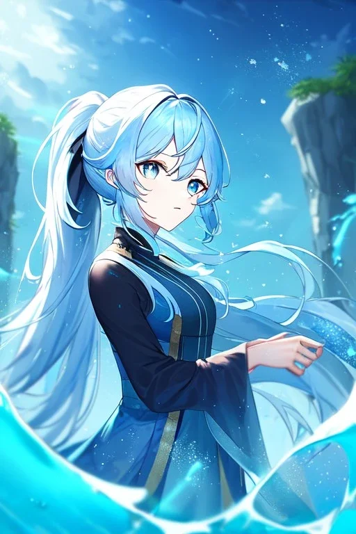 girl, masterpiece, best quality, cinematic lighting, detailed outfit, vibrant colors, perfect eyes, light blue hair, blue eyes, messy hair, long hair, hair in between the eyes, water magic, ponytail,