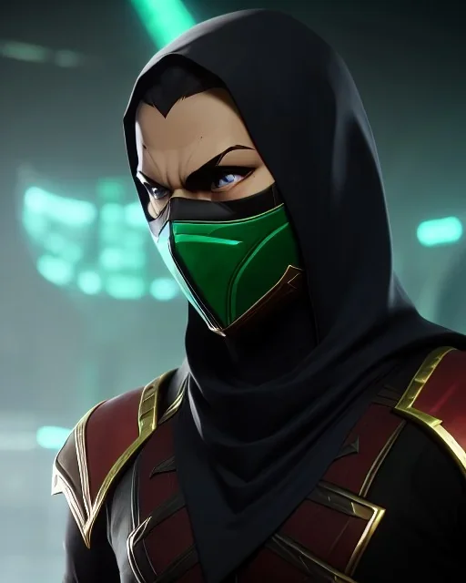 Ermac, mask cover whole face and hood , mortal kombat 11, highly detailed, hyper-detailed, beautifully color-coded, insane details, intricate details, beautifully color graded, Cinematic, Color Grading, Editorial Photography, Depth of Field, DOF, Tilt Blur, White Balance, 32k, Super-Resolution, Megapixel, ProPhoto RGB, VR, Half rear Lighting, Backlight, non photorealistic rendering