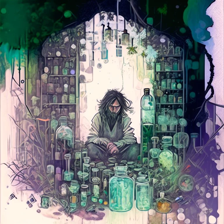 create a watercolour painting , This artwork features a drug addict in a tattered and worn-down laboratory, surrounded by vials, bottles, and herbs. However, instead of producing traditional potions, they are creating fantastical elixirs that unlock portals to other realms. The addict's mind is portrayed as an open doorway through which magical landscapes, mythical creatures, and ancient civilizations can be seen.