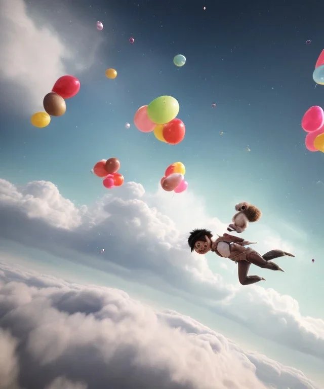 Ultra realistic speed clouds sky scene, wide angle view, strong men falling down with many Childs background, circus dress style, feather color, free jumping flying, many trinkets, hair monster, many jelly beans, balls, color smoke, smile, happy, extreme, wind, clouds sea, 20,000 feet altitude, stratosphere, soft color, highly detailed, unreal engine 5, ray tracing, RTX, lumen lighting, ultra detail, volumetric lighting, 3d, finely drawn, high definition, high resolution.