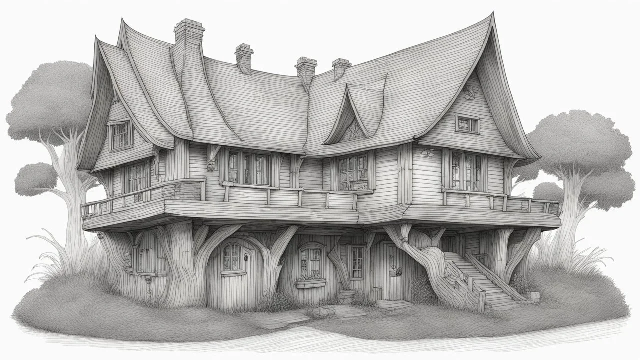 A front elevation fine line drawing of a fantasy wooden house reminiscent of the Burrow from Harry Potter