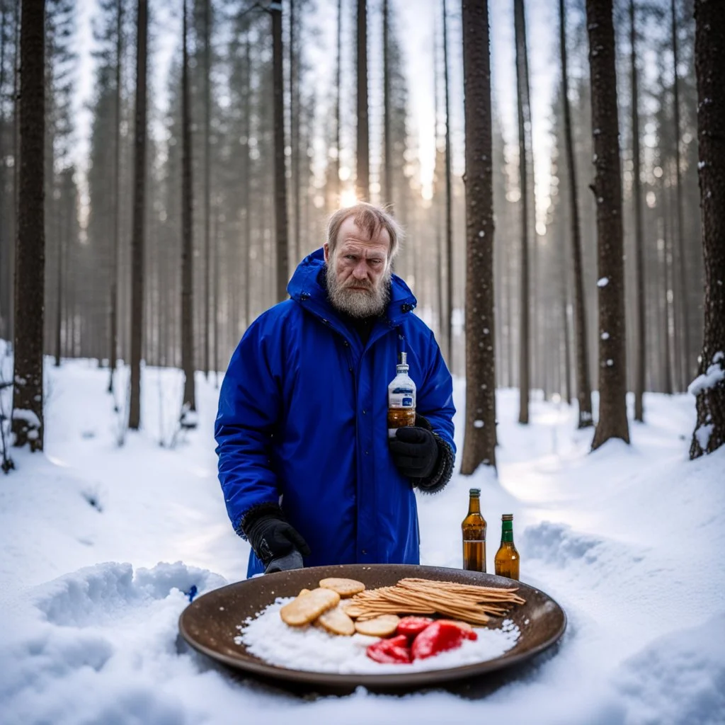 a sad Finnish man without food on his plate, outside his house in the forest, Winter, snow, very cold, Finnish flag down at half way up, Finnish flag, a bottle of Koskenkorva in his hand, knifes and sauna