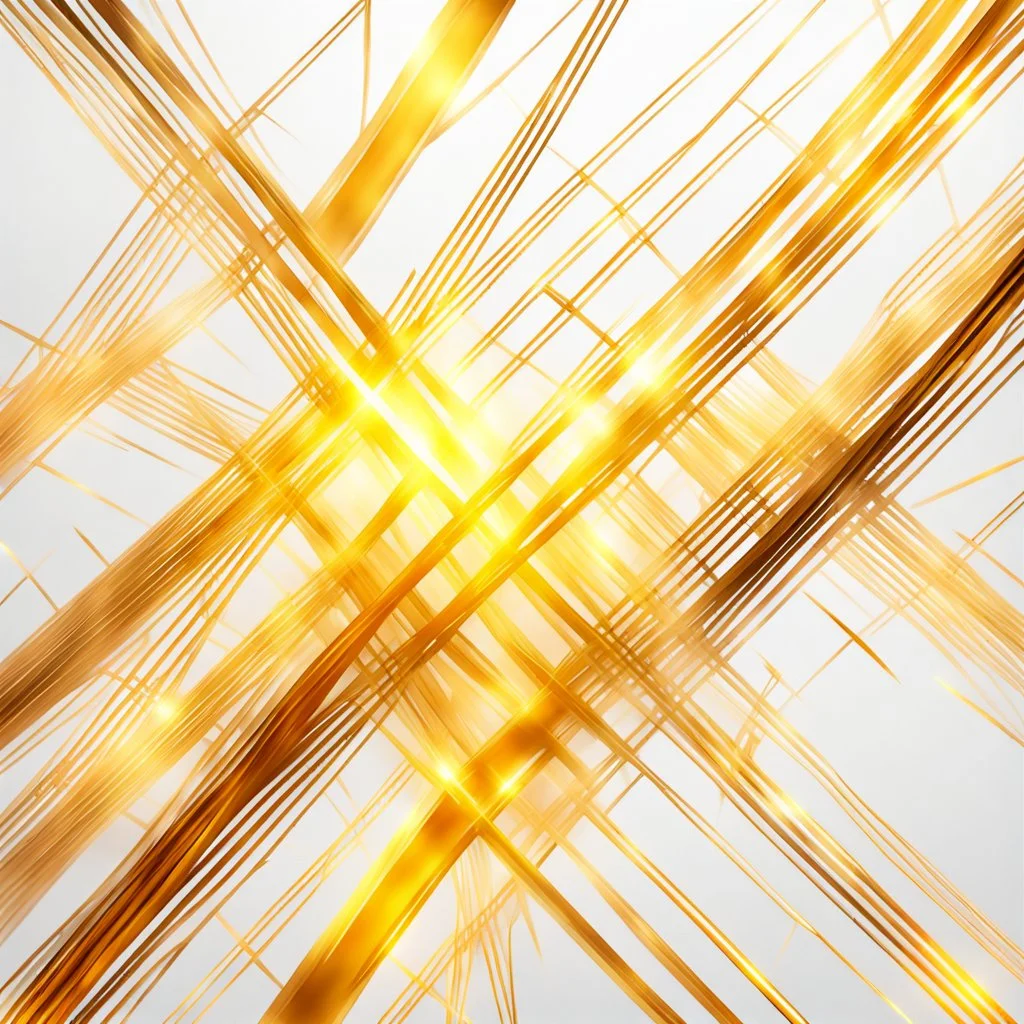 Hyper Realistic Yellow & Beige Intersecting Lines With Glowing Golden Embers On White Background.