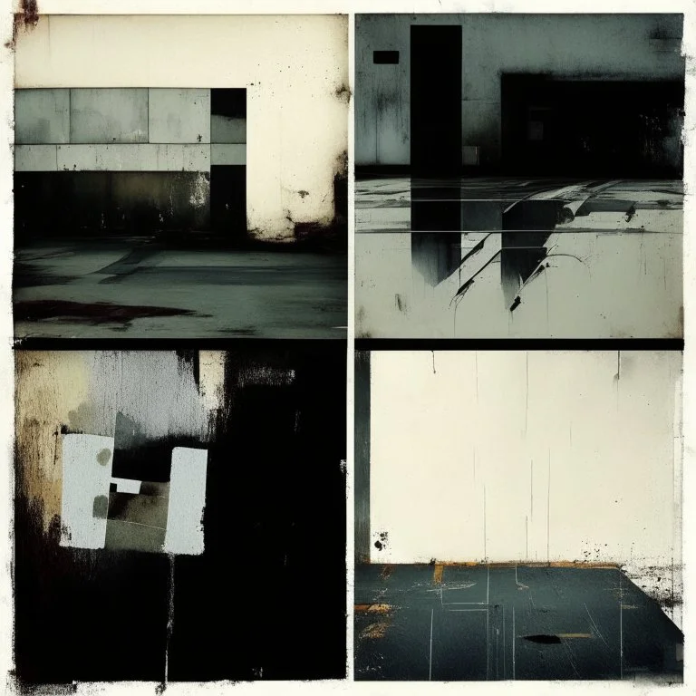 Minimal contemporary abstract oil paintings of desolate 1960s carpark with road markings and concrete fragments. Overlay with grungy typography graphics. style of Justin Mortimer and Francis Bacon.