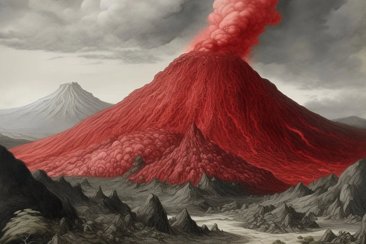 A grayish red pyroclastic volcano painted by Qiu Ying