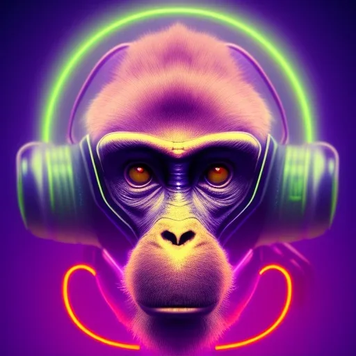 A beautiful portrait of a cyborg monkey purple neon color scheme, high key lighting, volumetric light high details psychedelic background