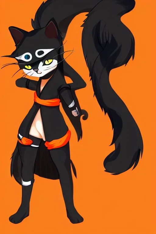 cat 2d, ninja, black fur,full body, orange torn coat,game character, strong, anime, chibi