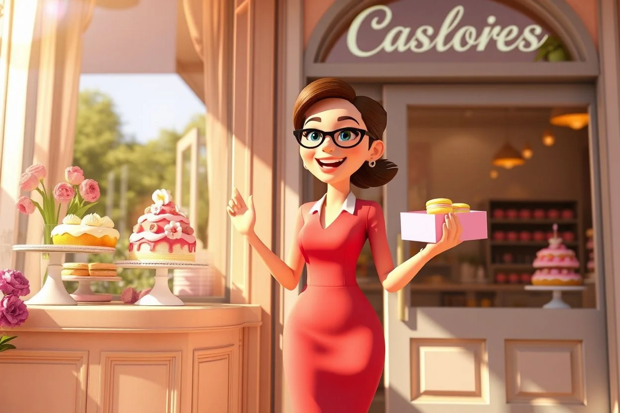 3D video game character elegant young woman enthusiastically and cheerfully comes out of a dessert store, cake box in her hand, in the window cakes, cookies, macarons and flowers in sunshine