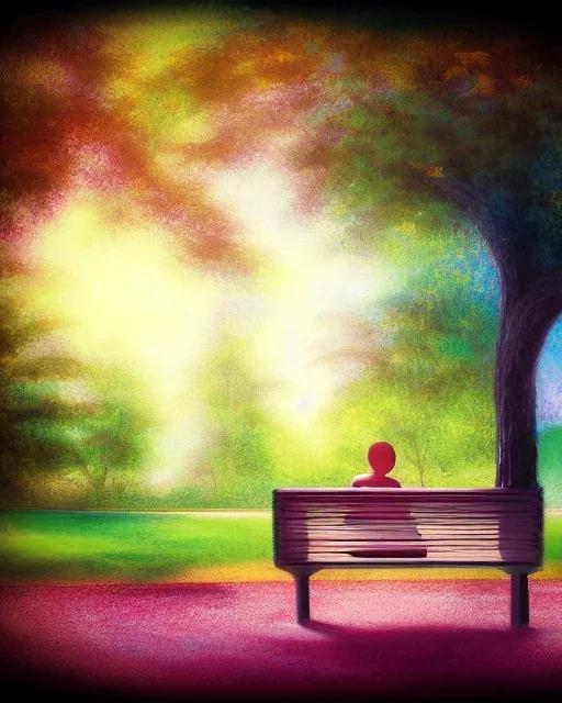 park mystical dream, park bench, man, woman, child, dog, trees, path, bird, sunshine, mystical, fantasy, romanticism, pastel colors, daylight, daytime, acrylic painting, detailed, soft focus,