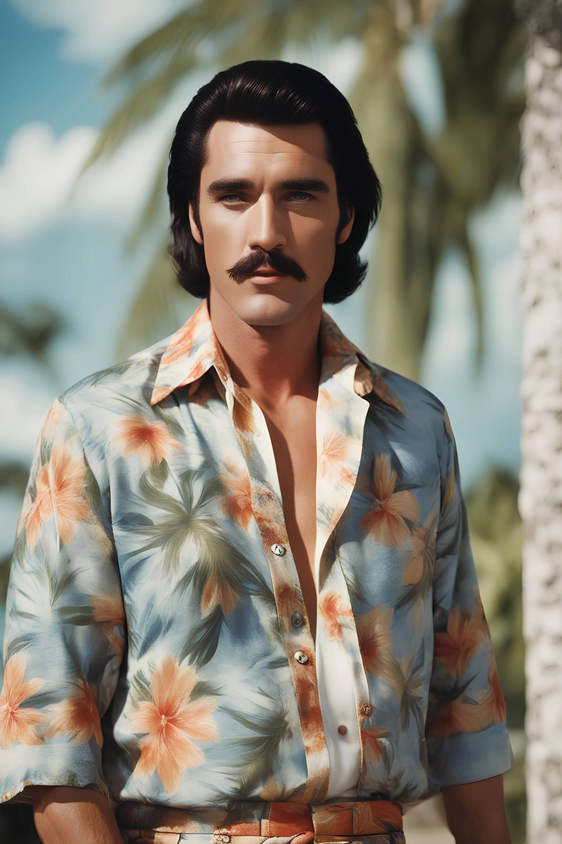 Elvis Presley with medium length bob-styled brown hair, a mustache, wearing a Hawaiian shirt and Bermuda shorts- well-lit, UHD, 1080p, professional quality, 35mm photograph by Scott Kendall