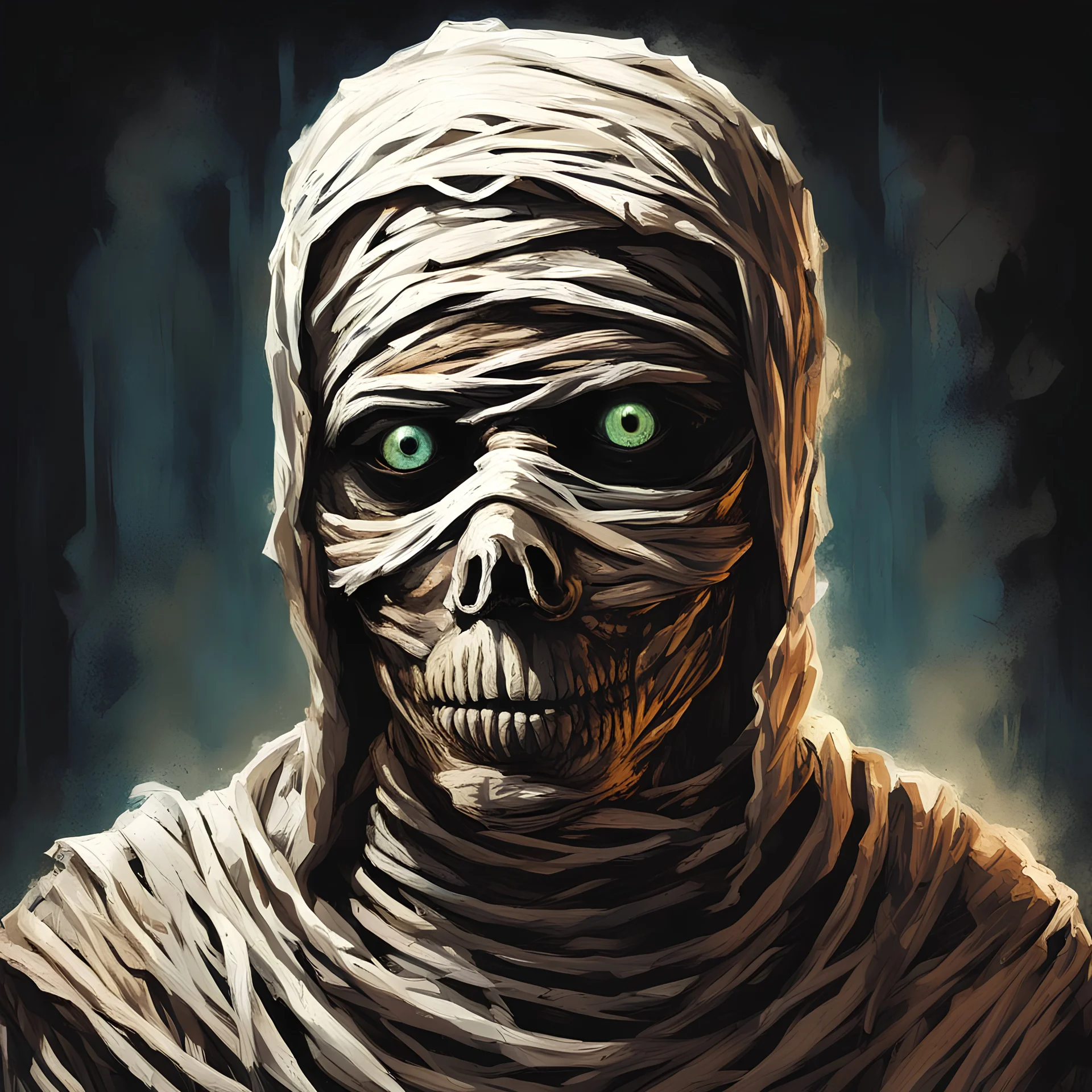 A mummy with glowing white eyes covered in rotting bandages, in spray-paint art style