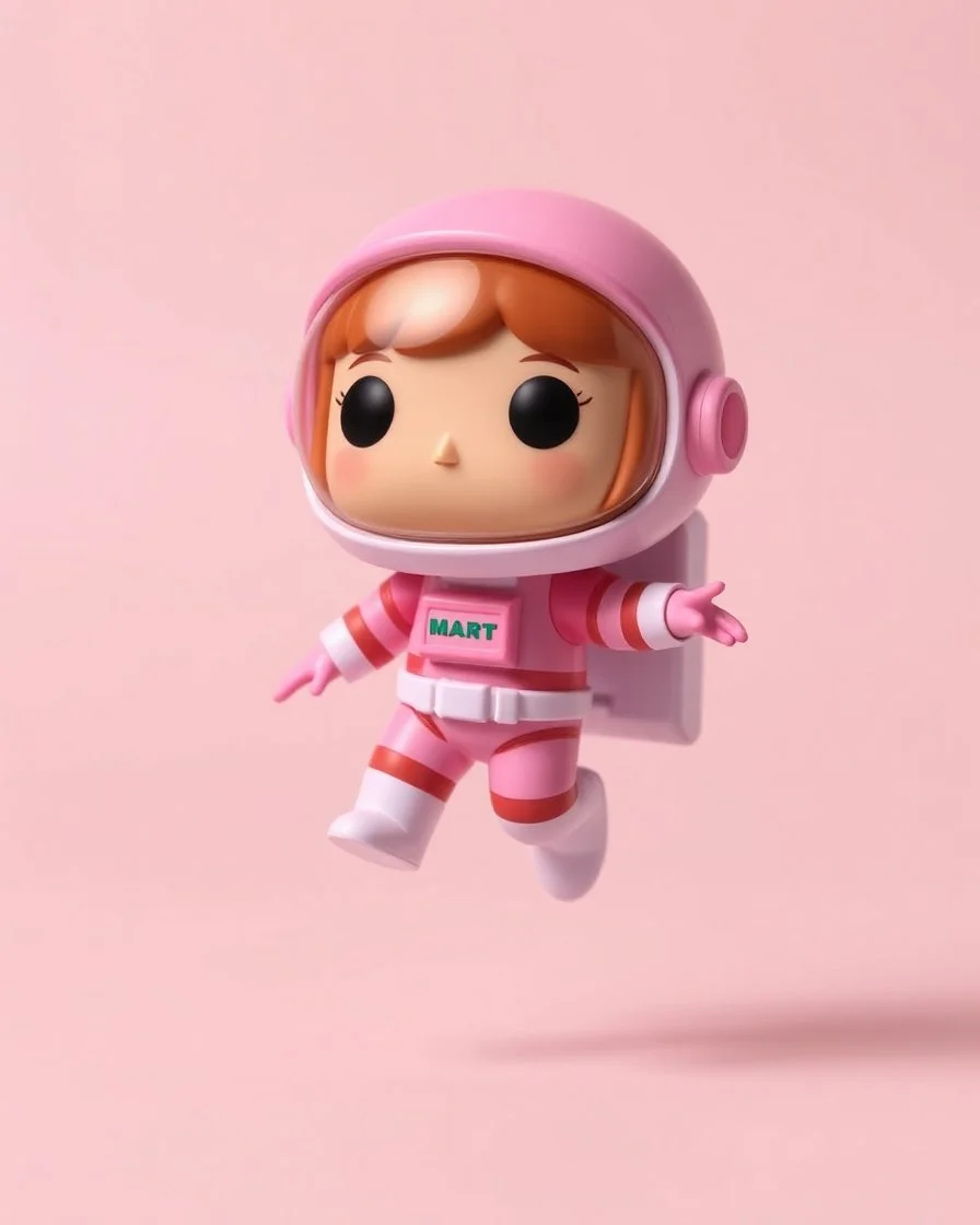 pop mart's space molly cosmonaut figurine, floating on solid background color