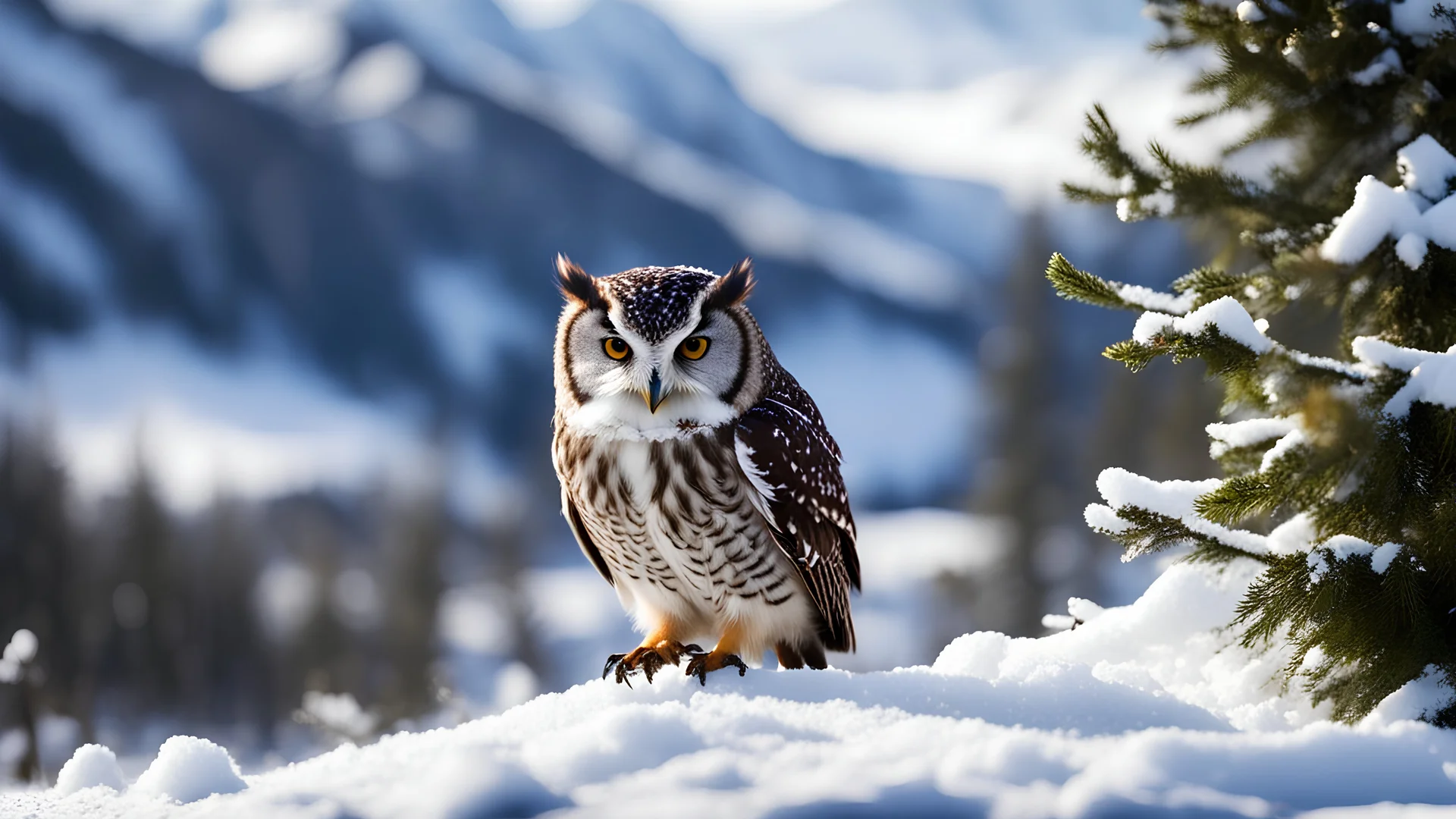 owls hunt their prey in the snow,,nature,bokeh, valley,utra realistic, snow, masterpiece, sharp focus,volumetric lighting,