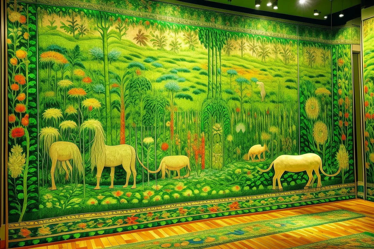 A spring green kingdom with animals designed in Navajo woven art painted by Claude Monet