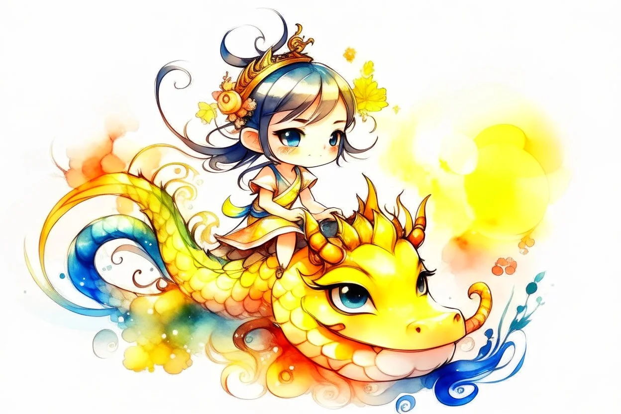 a cute anime chibi princess sitting on a wild chinese dragon and dynamically riding it, melting watercolor and black ink outlines on wet paper, soft, shading strokes, in sunshine, ethereal, otherwordly, cinematic postprocessing, bokeh, dof