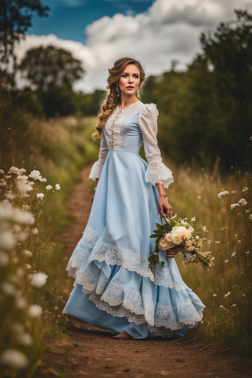 fullbody girl makeup wearing a victorian dress walking in country side ,flowers ,pretty clouds in blue sky