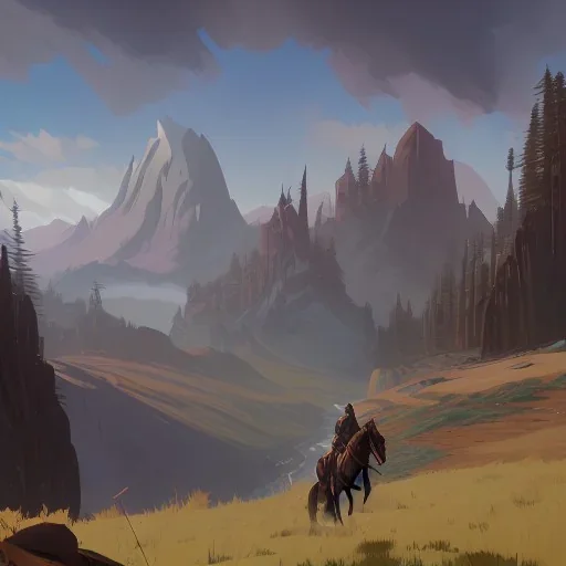  mountains with medieval knight in armour traveling on a horse in the background