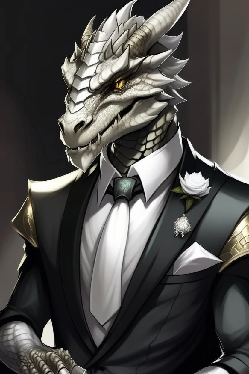 A silver Dragonborn from dnd wearing a tuxedo