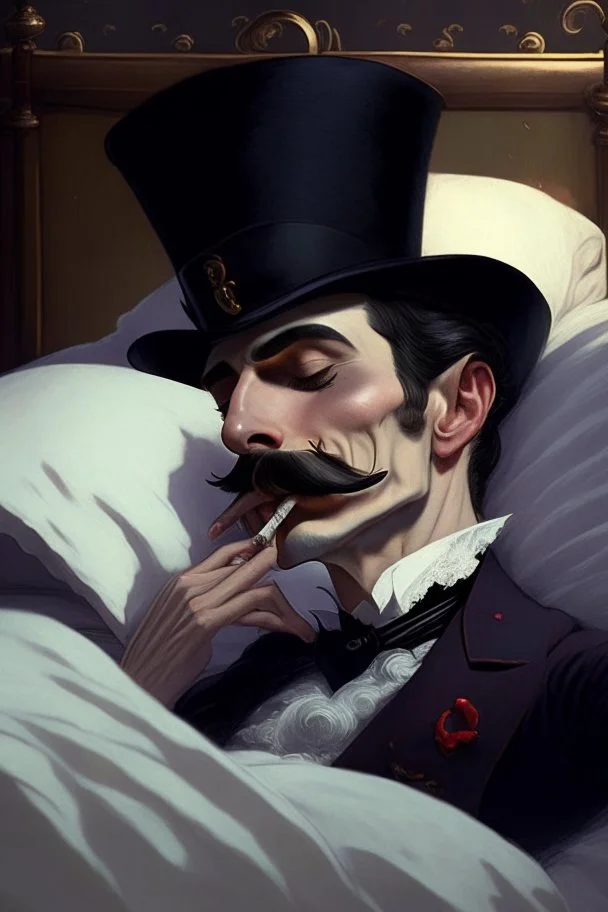 Strahd von Zarovich with a handlebar mustache wearing a top hat and t laying in bed and blowing a kiss