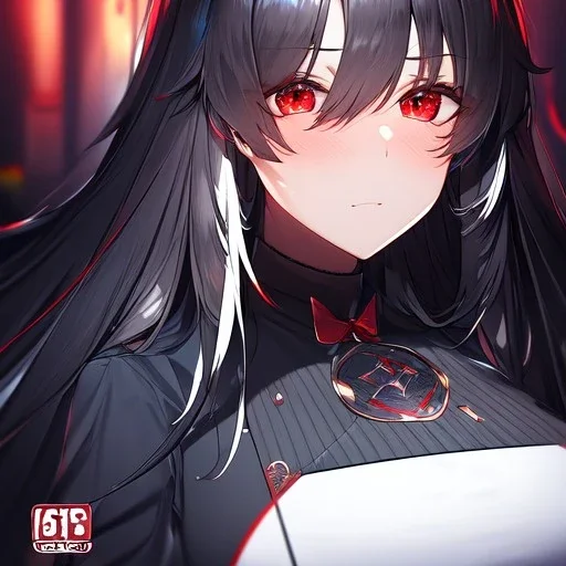 Clear focus,High resolution, black long fluffy hair, long fluffy bangs, red eyes, wearing a lab outfit, extreme close up, evil smile, front hair cover eyes