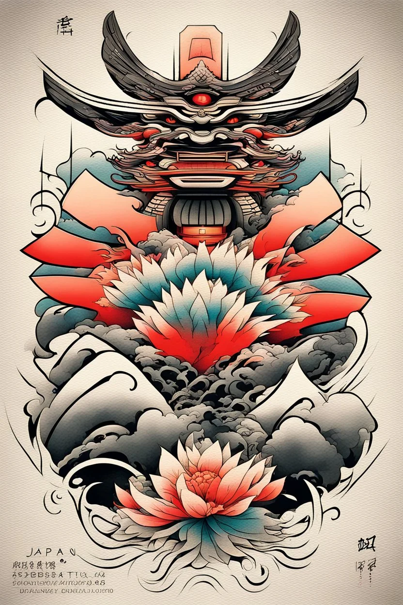 Create a captivating modern 2d colorfull ink Japanese tattoo design for print , using the elegant influences of japan art style, for print, dynamic elements from fashion and design, and bold Japanese art aesthetics, framing centered in the center, distanced from the edges of the paper perimeter, perfect anatomy, bauhaus, Divine Proportion,