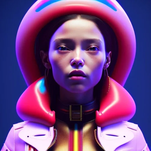 Spanish woman, rounded face, purpurin made up, red, blue, pink, latex coat, leather, soft color, highly detailed, art stations, concept art, smooth, unreal engine 5, god rays, ray tracing, RTX, lumen lighting, ultra detail, volumetric lighting, 3d, finely drawn, high definition, high resolution, neon background.