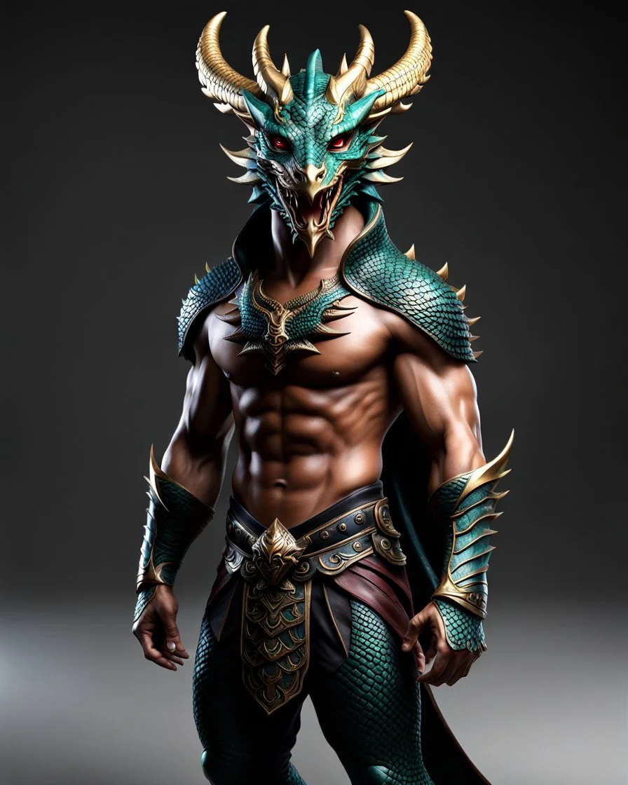 Full body Dragon man with dragon mask over his eyes and forehead, Realistic cool art, 12k, 3d, realistic, full head, full body