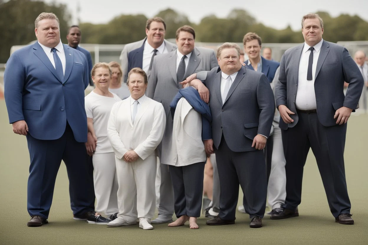 Overweight white politician wearing a suit; group of thin, muscular athletes in sports clothes; outside, sports field; realistic, photographic