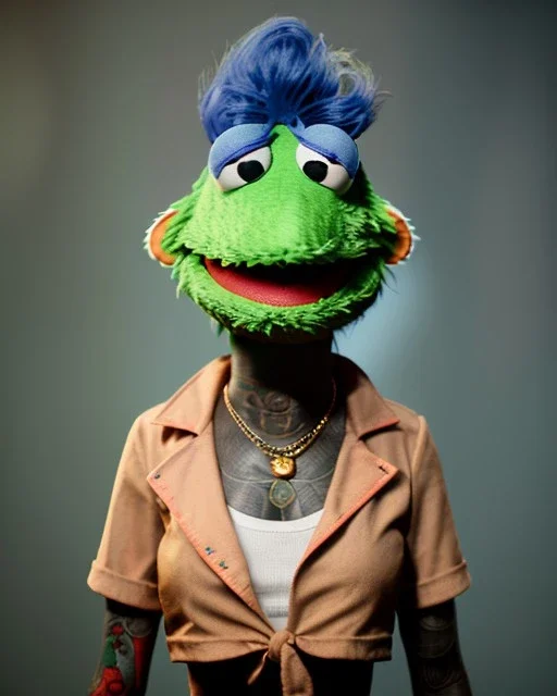 hybrid character, waitress sexy woman with monster muppet mask that covers her entire head, gold rock, short shirt, old school tattoo, retro style, Sesame Street style, neon, smooth, unreal engine 5, god lights, ray tracing, RTX, lumen lighting, ultra detail, volumetric lighting, 3d.