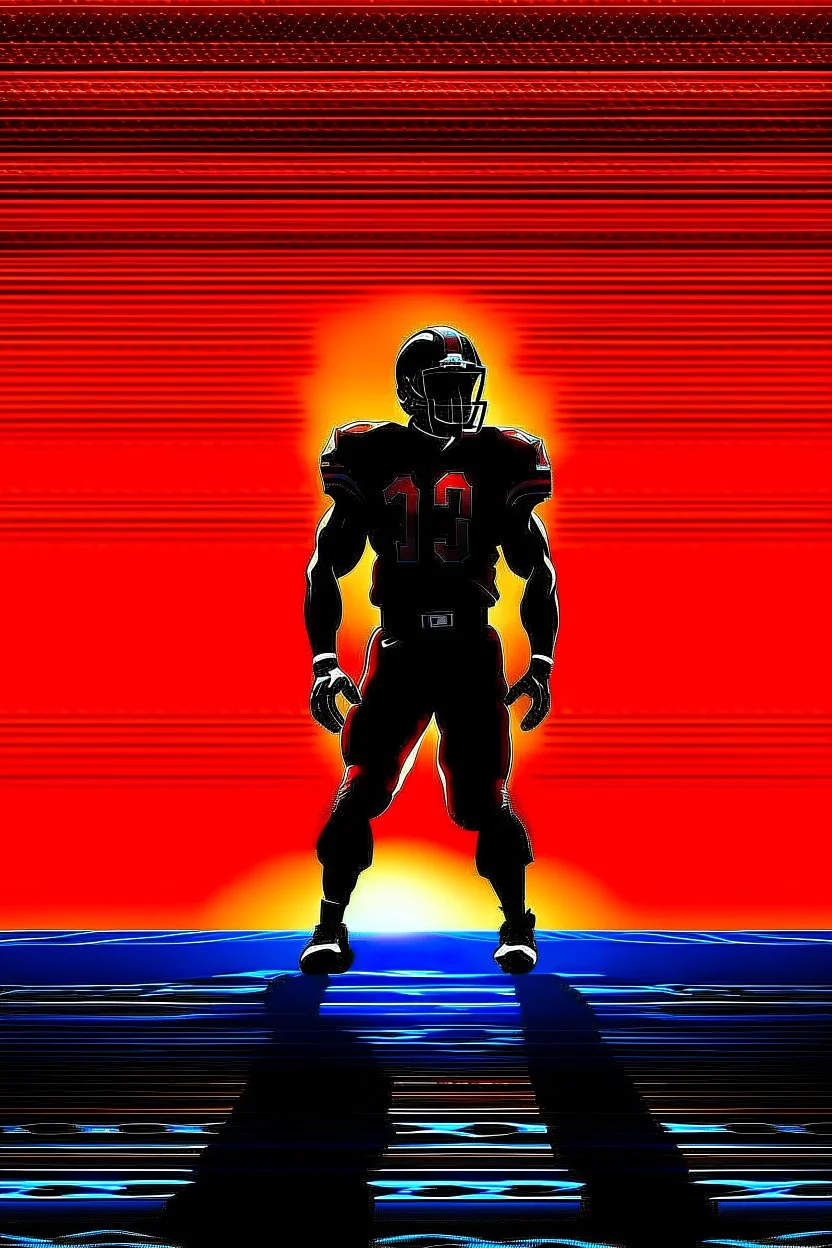 the menacing Silhouette of a football linebacker, the background on the left is red at the top and fading to black at the bottom, the background on the right is orange at the top and fading to dark navy blue at the bottom, background also has stadium lighting and the receding lines of a football field, NFL background