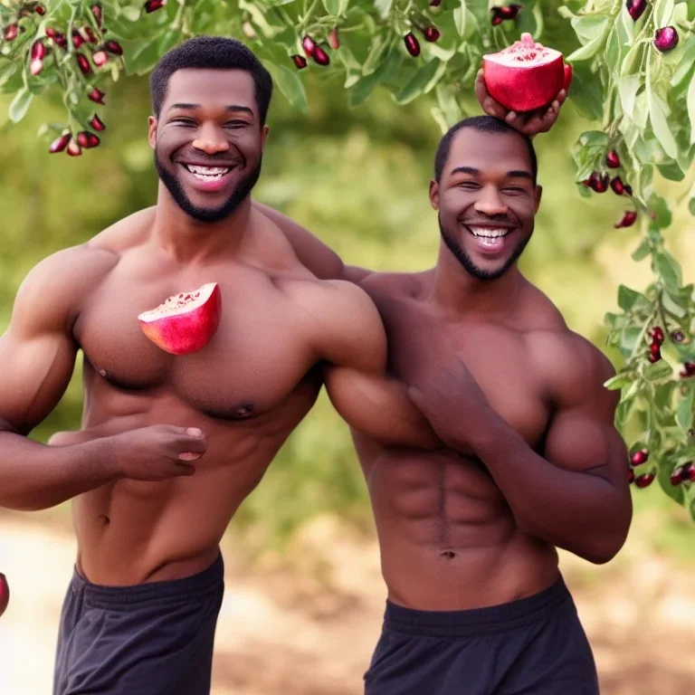 Buff black man gives you an Pomegranate and smiles at you