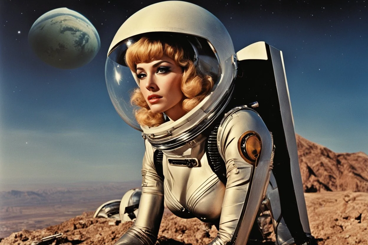 photo of a Sci-fi pin-up girl, wearing a spacesuit with no helmet, on an alien planet, Barbarella