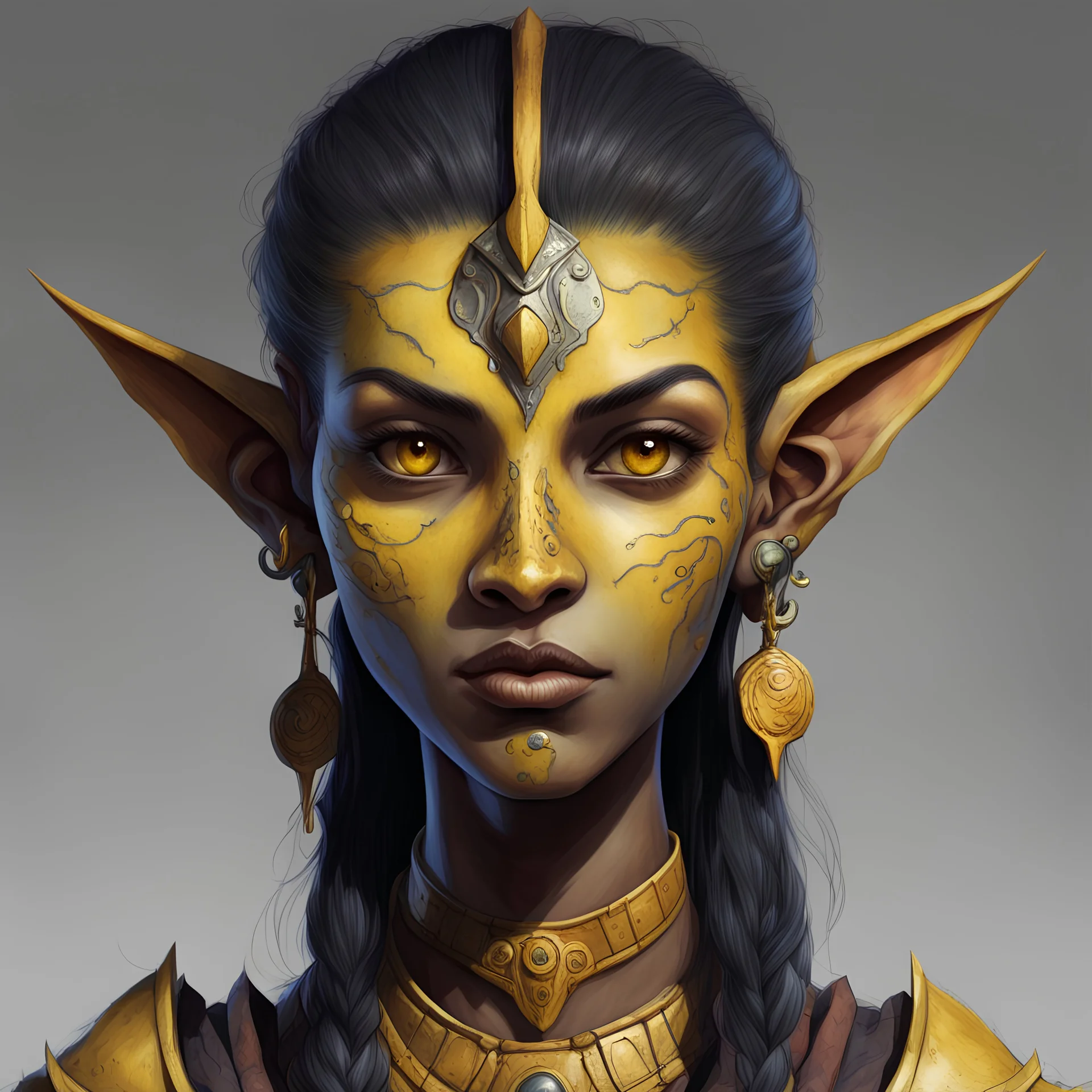 Generate a dungeons and dragons character portrait of the face of a young female Githyanki githyanki were tall and slender humanoids with rough, leathery yellow skin and bright black eyes that were sunken deep in their orbits. They had long and angular skulls, with small and highly placed flat noses, and ears that were pointed and serrated in the back side. They typically grew either red or black hair, which they styled in topknots. Their teeth were pointed.