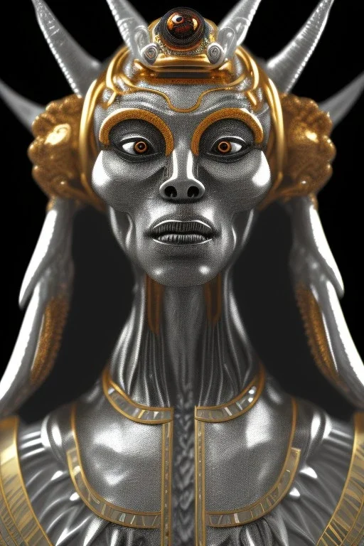 Silver alien, head, wicked, black eyes, blood, 8k, finely detailed, photo realistic, Anunnaki black male African Egyptian alien, cracks in the voodoo head, wicked, eyes, crown, Elephant, 8k, finely detailed, photo realistic, tiger turquoise skull head gold dragon space alien snow skeleton gold olmec silver crown silver eyes