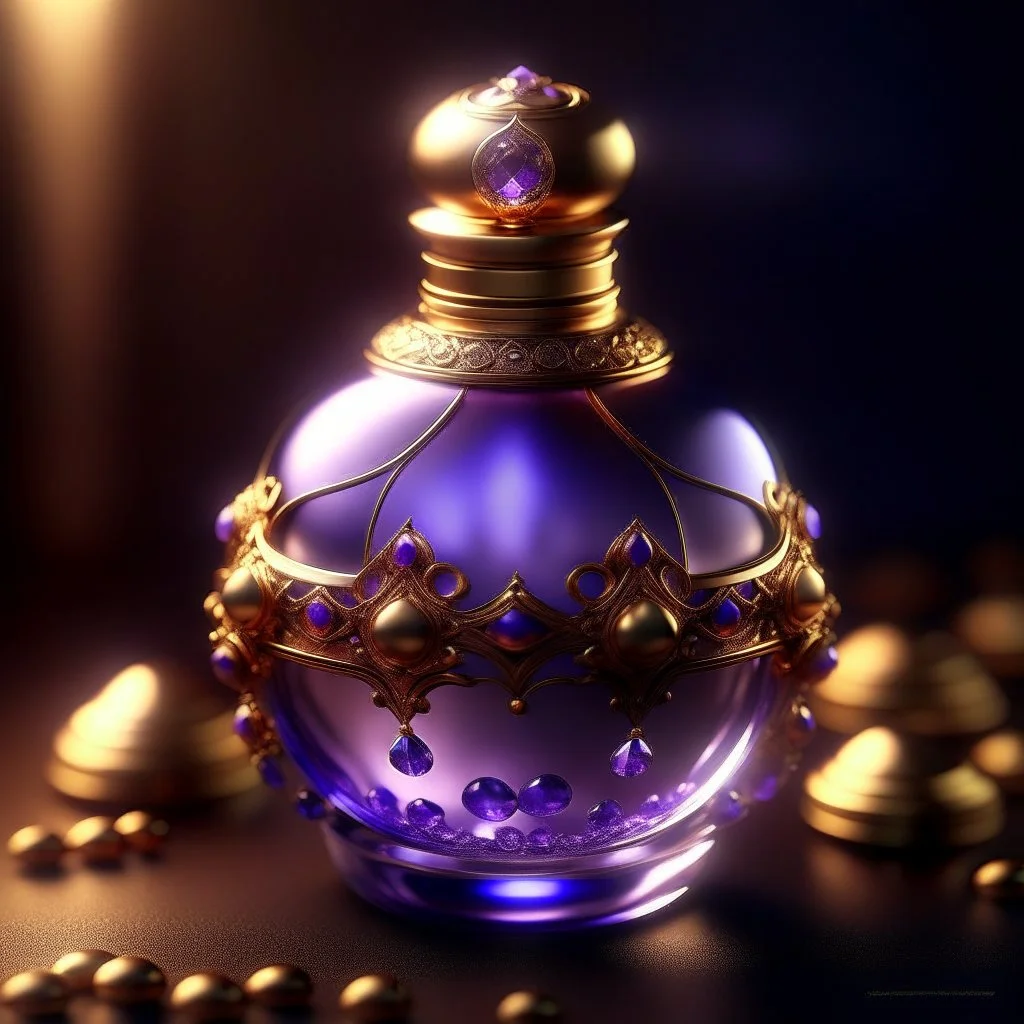 Golden round perfume bottle with purple crystal cap and small purple decorations. Illustrative art, art interpretation, concept art, cgsociety contest winner, seasonal art, seasonal art HD, 4k, 8k, intricate, detailed, intricately detailed, luminous, translucent fantasy crystal, holographic data, soft body, shadow play, light, fog, atmospheric, cinematic, light film, hyper-detailed, hyper-realistic, masterpiece, atmospheric, high resolution, 8k, HDR, 500px, mysterious and artistic digital art, p