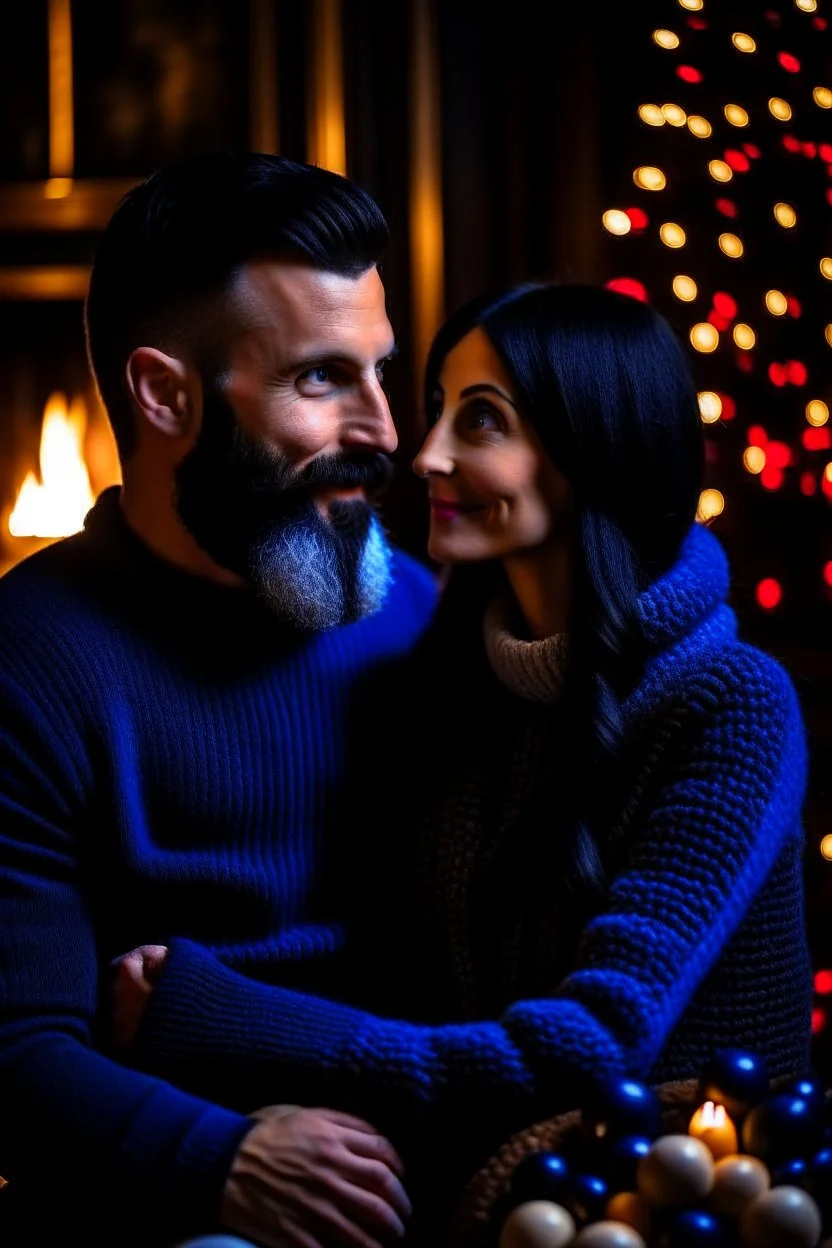 Fire place Christmas scene, dark haired couple, man with short black beard, blue eyes, cozy, young couple, high definition