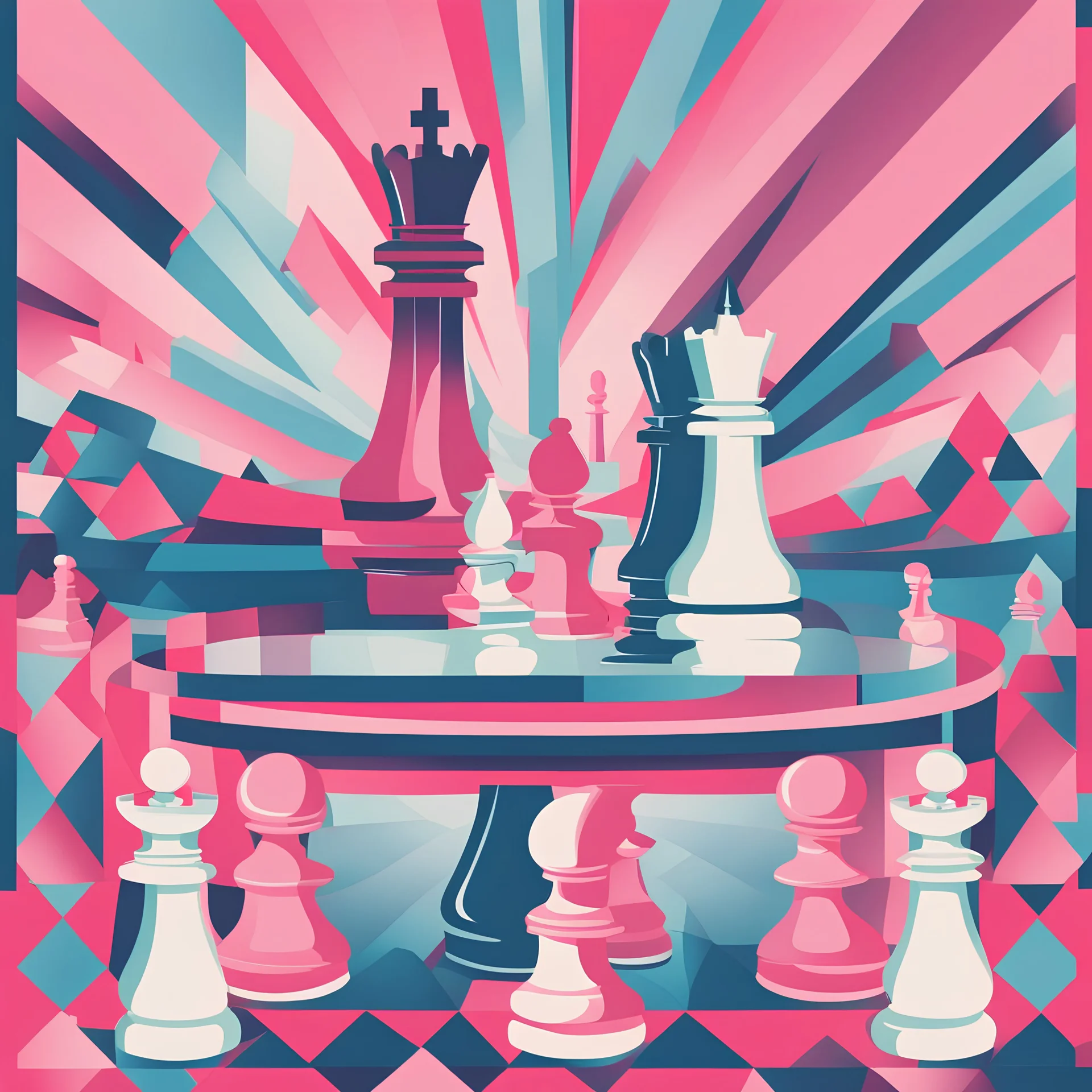 Craft a visually striking 1950s-inspired illustration featuring a symmetrical chessboard battle, with a playful palette of pink and blue and a plain background
