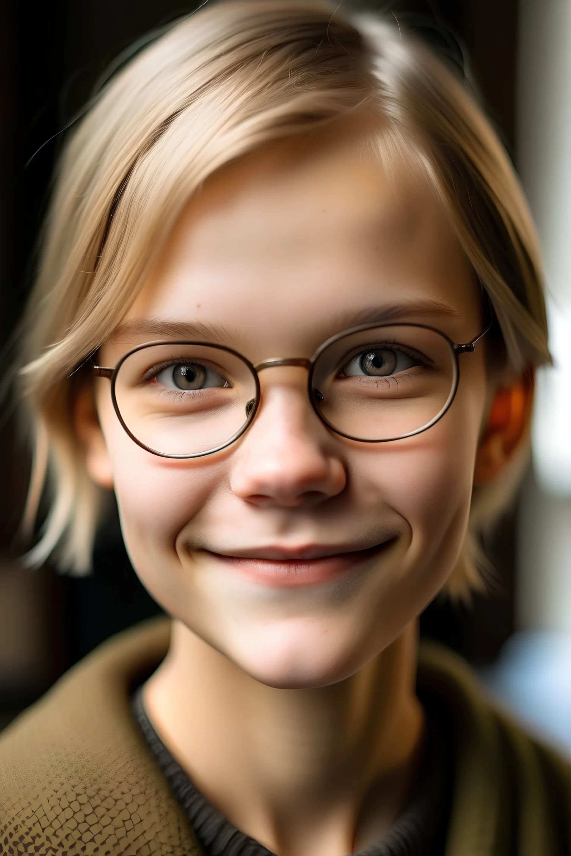 portrait of a 14 year old girl named Anna Petrov, friend of a main character of a youth novel, Slavic, full lips, blond short hair, glasses smiling