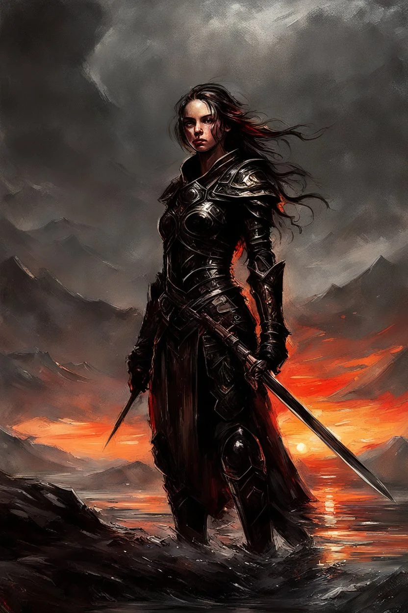 A formidable warrior girl in black armor, on the background Amazing gloomy landscape, flooded with sunset, mountains, trees, fabulous scary hero, , juicy emotions, painting, dark fantasy, bad weather, gloomy day, dark world, by Raymond Swanland & Alyssa Monks & Anna Razumovskaya & James Paick