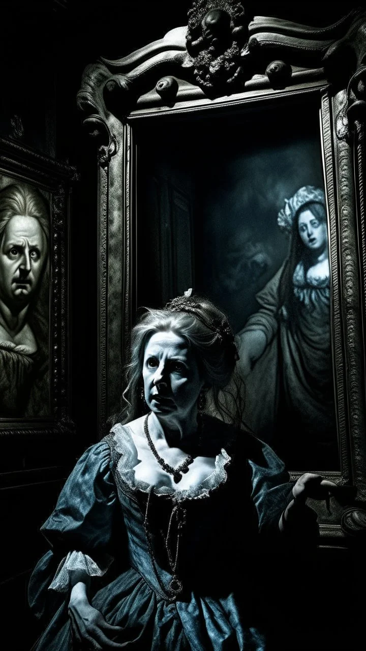 Woman in a dark room in a delusional state haunted by ghostly images, paint it in the baroque style, as if the woman is horrified