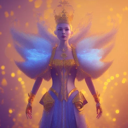 A portrait of a crystalised blue pink king, gold, sunny background, atmospheric, realistic, unreal engine, 8k. Cinematic lighting, octane render.