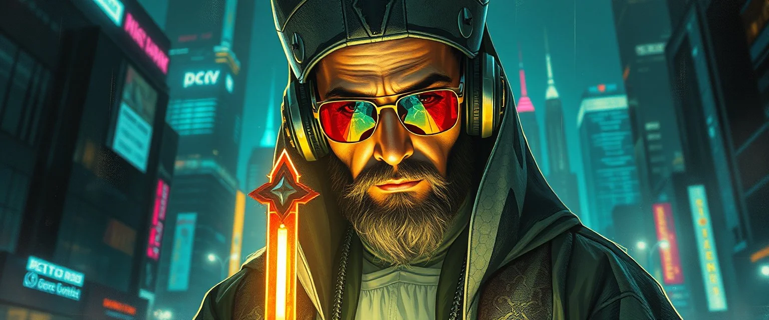 airbrush , good afternoon cyberpunk priest, in the middle of high tech city