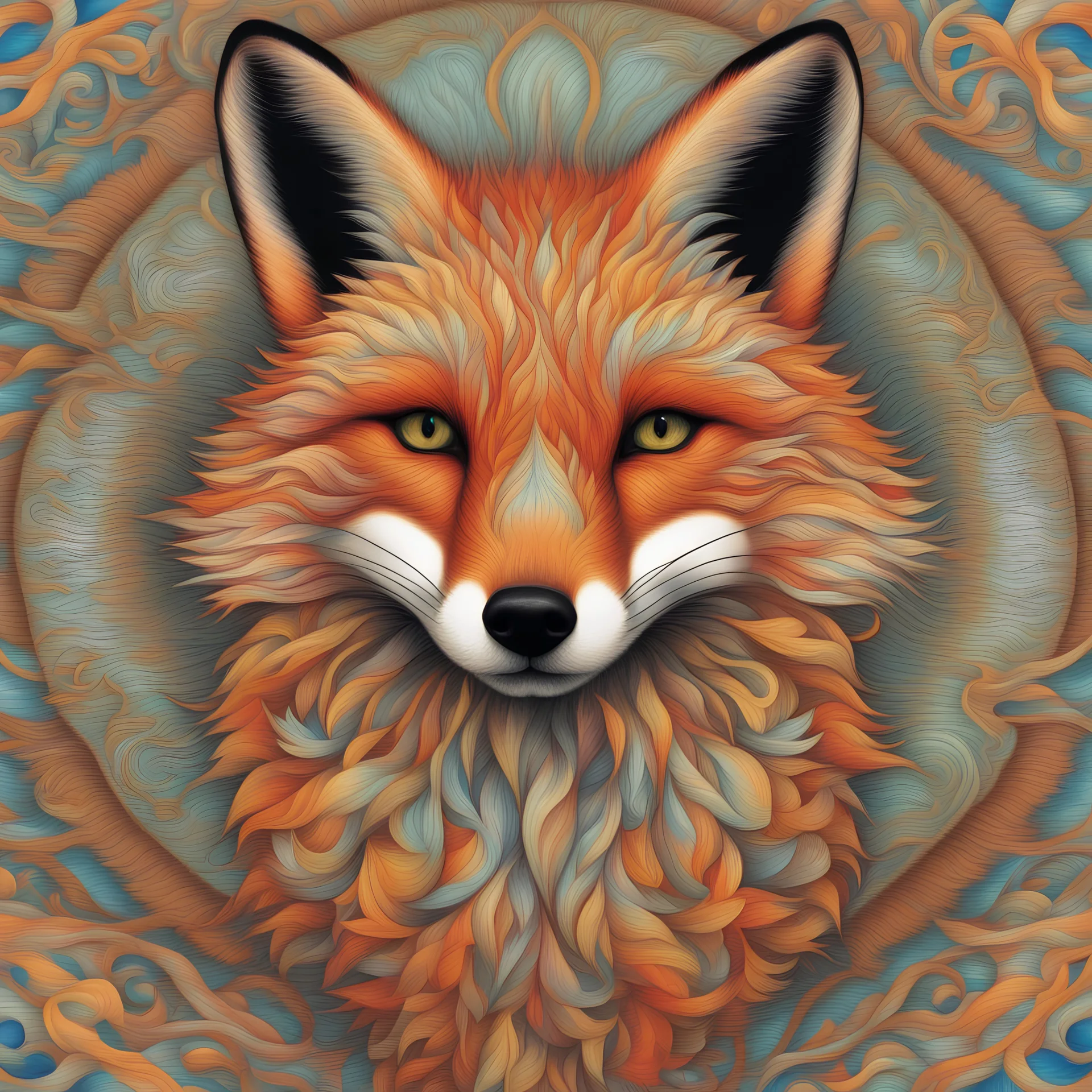 A mesmerizing optical illusion of a fox image, in an intricate guilloche style with overlapping bright colors,