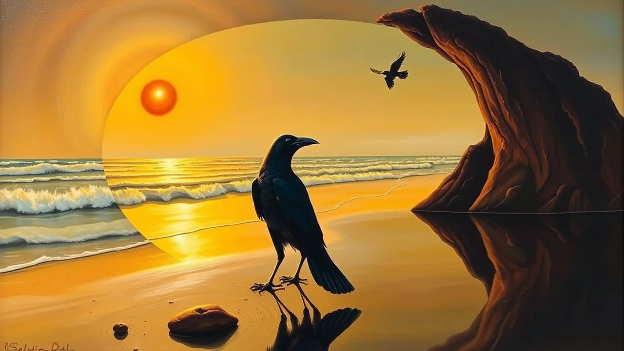 A surreal painting by Salvador Dalí featuring a mirror-like reflection of a beach scene, where a crow stands with wings outstretched, watching a sunset with a red orb and a bird in flight. The background shows waves crashing on the shore. The artwork is rich in warm colors, blending realism and fantasy.