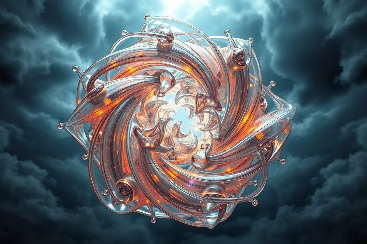 Dynamic complex hypnotic fractal 3D structures twisting and morphing between organic and geometric forms with Symmetry, smooth translucent iridescent glass with inner glow and bubbles, varied transparent materials, stormy skies, intense dramatic