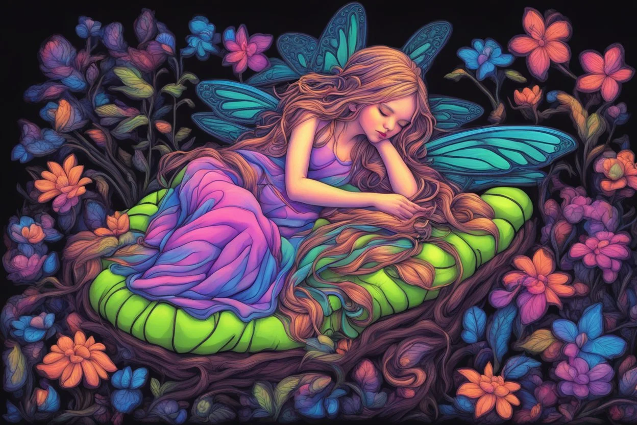 black light art neon colors cute sleeping fairy