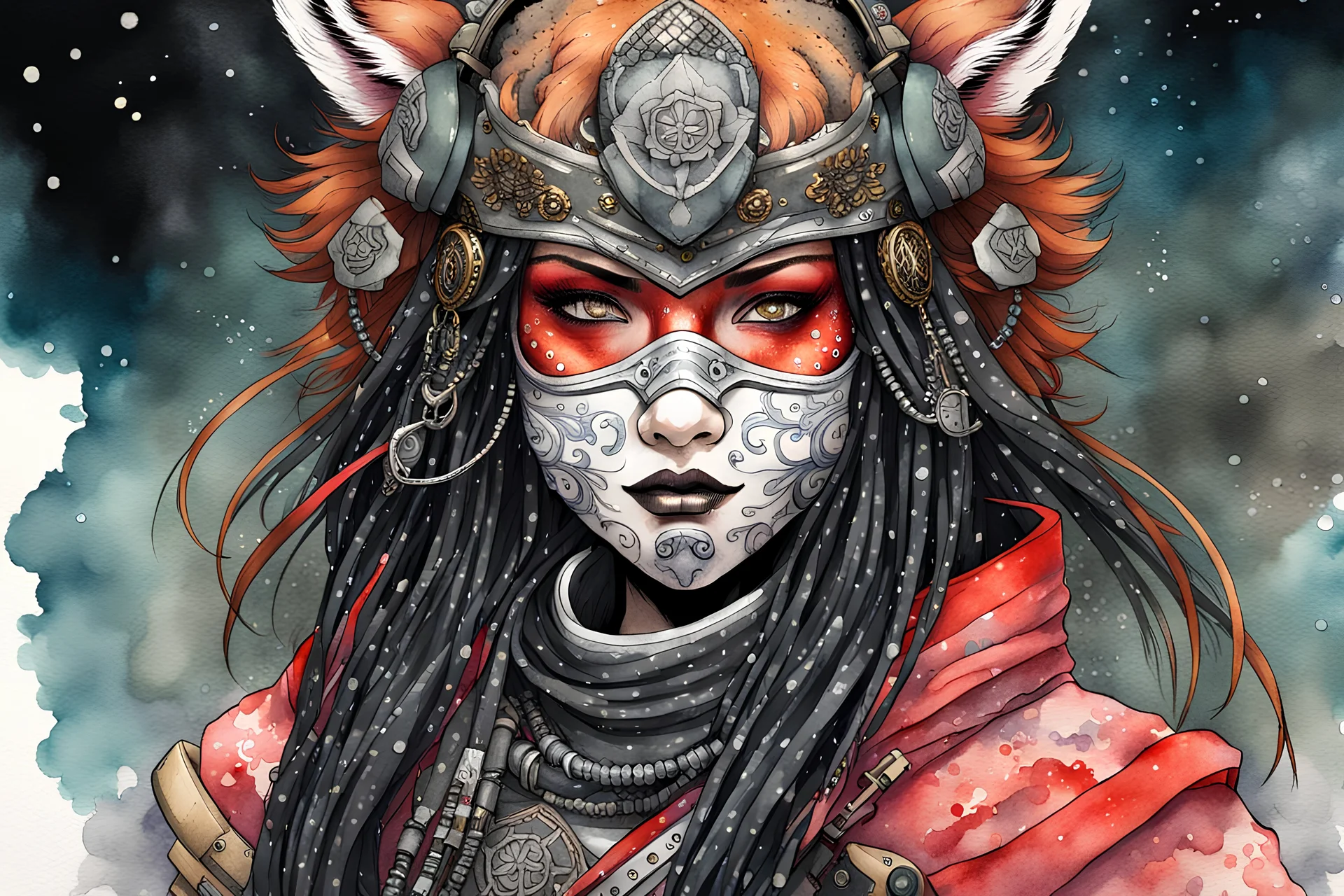 front facing watercolor portrait illustration of a gothpunk armored female kitsune vampire mercenary , beaded dreadlock hair, wearing an ancient ornate japanese kitsune mask , and shemagh, highly detailed with gritty post apocalyptic textures, caught in a cosmic maelstrom of swirling gases , finely detailed facial features and hair, in the graphic novel style of Bill Sienkiewicz, and Jean Giraud Moebius, ink wash and watercolor with realistic light and shadow