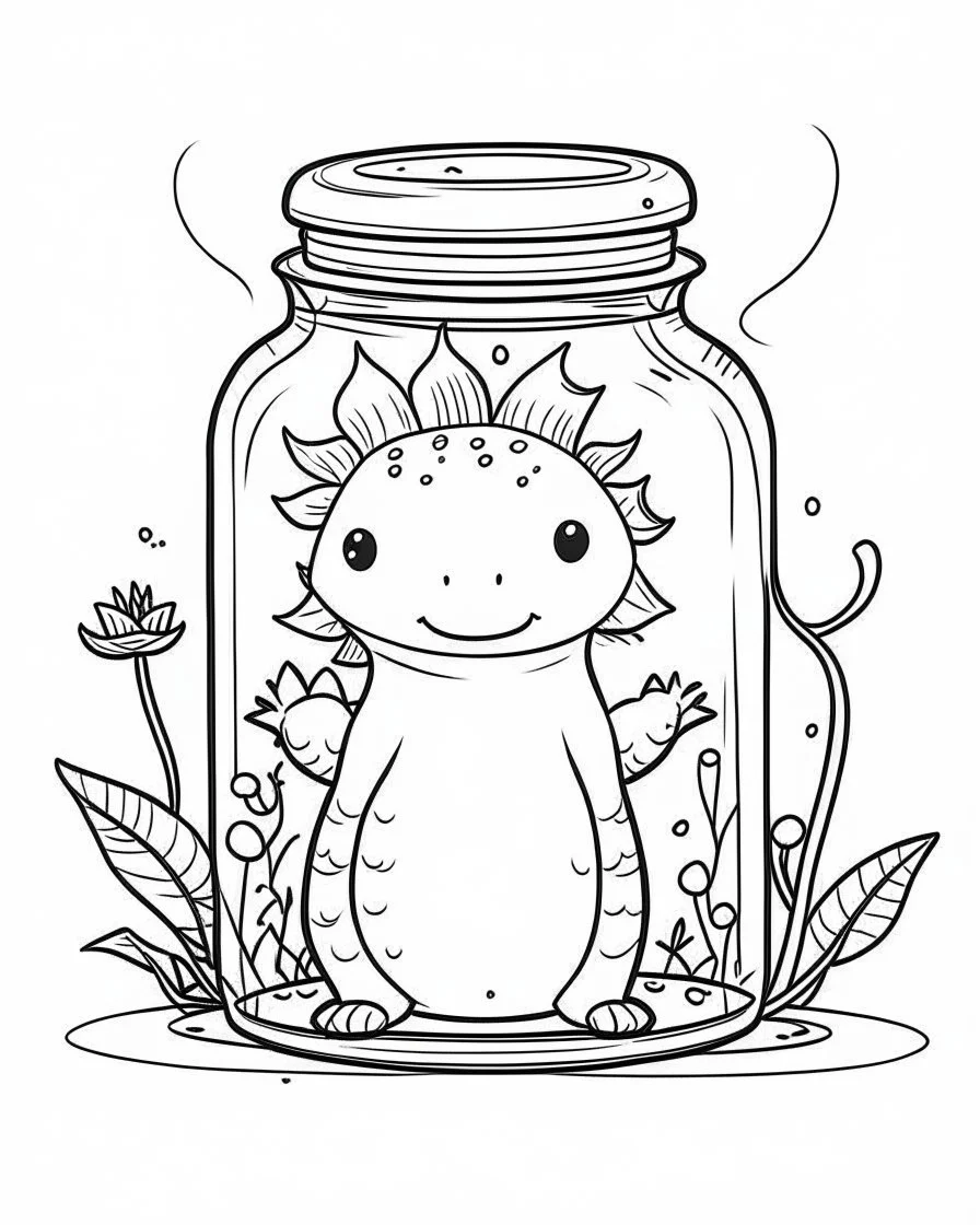 cute axolotl life in jar minimalistic, line art, background, vector, svg, coloring book page style, black outline on white background