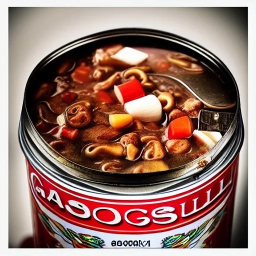 A can of goulash, 8k, HD, cinematography, photorealistic, Cinematic, Color Grading, Ultra-Wide Angle, Depth of Field, hyper-detailed, beautifully color-coded, insane details, intricate details, beautifully color graded, Cinematic, Color Grading, Editorial Photography, Depth of Field, DOF, White Balance, 32k, Super-Resolution, Megapixel, ProPhoto RGB, VR