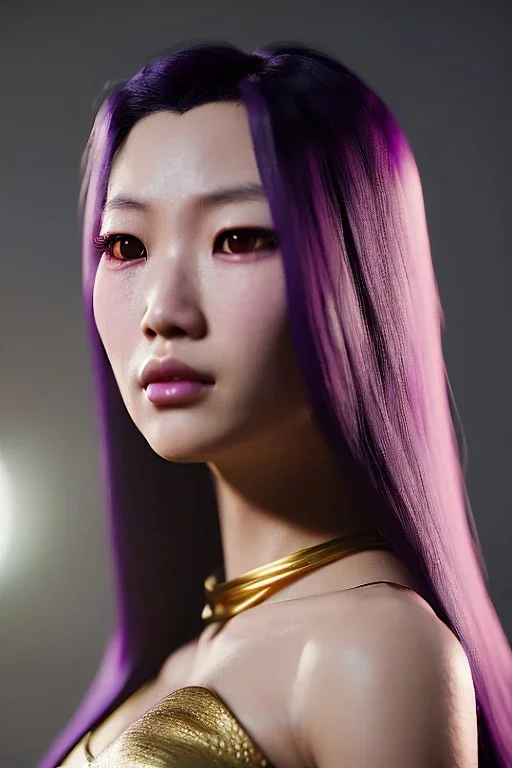 Young asian woman, barbarian character, purple hair, gold eyes, long hair gold jewelry, leather, vibrant color, highly detailed, art stations, concept art, smooth, unreal engine 5, god rays, ray tracing, RTX, lumen lighting, ultra detail, volumetric lighting, 3d, finely drawn, high definition, high resolution.